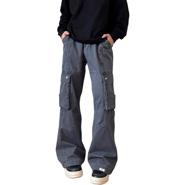 徐百货 美式复古多口袋微喇牛仔裤男春秋季潮牌结构设计感裤子直筒休闲裤工装裤 男女同款