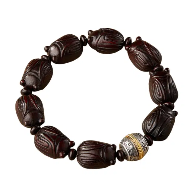 宣华意 【锦鲤绕蝉鸣 国潮风复古高级感 文玩檀香木质佛珠转运珠  平安顺遂 好运 紫檀属 木作手串 男女同款情侣款