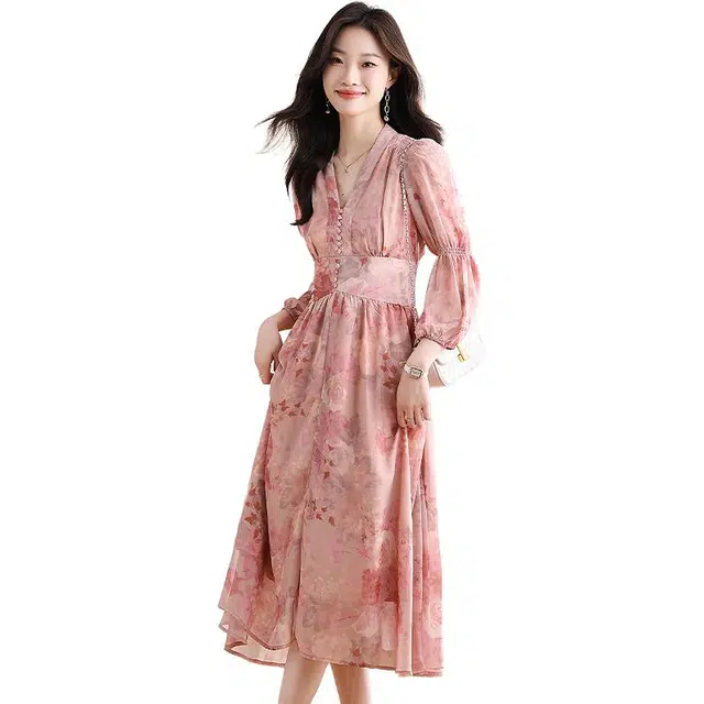 袋鼠 法式碎花时尚气质收腰显瘦高级感超仙长裙子长袖连衣裙 女款