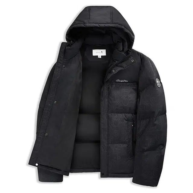 与狼共舞 抗寒防风高充绒垂感时尚满印字母潮流加高立领连帽户外休闲舒暖加厚面包羽绒服 男款