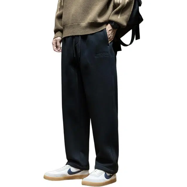 希越 秋冬日系复古重磅加绒潮流刺绣直筒宽松百搭运动休闲裤 男款