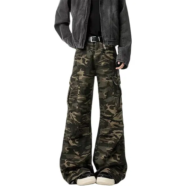 如续 美式高街迷彩工装裤男潮牌秋季宽松微喇休闲拖地长裤子牛仔裤 男女同款