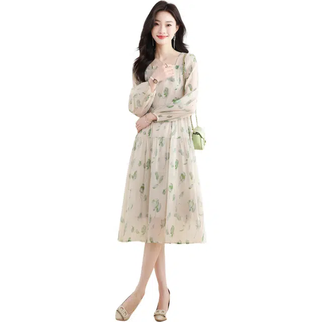 袋鼠 碎花雪纺温柔风气质中长裙长袖连衣裙 女款