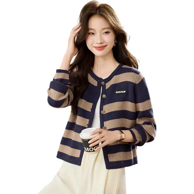 袋鼠 条纹圆领长袖洋气短款拼接外套超好看的上衣针织衫 女款