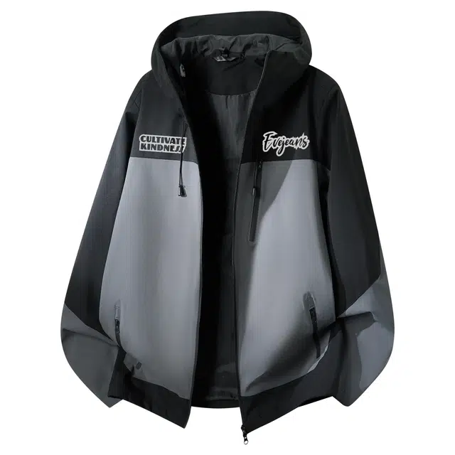 依文 美式复古字母户外运动防风连帽舒适机能宽松防水长袖夹克 男女同款