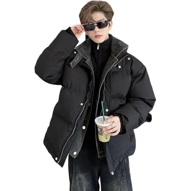 单爵 假两件牛仔拼接棉衣夹克棉服 男女同款