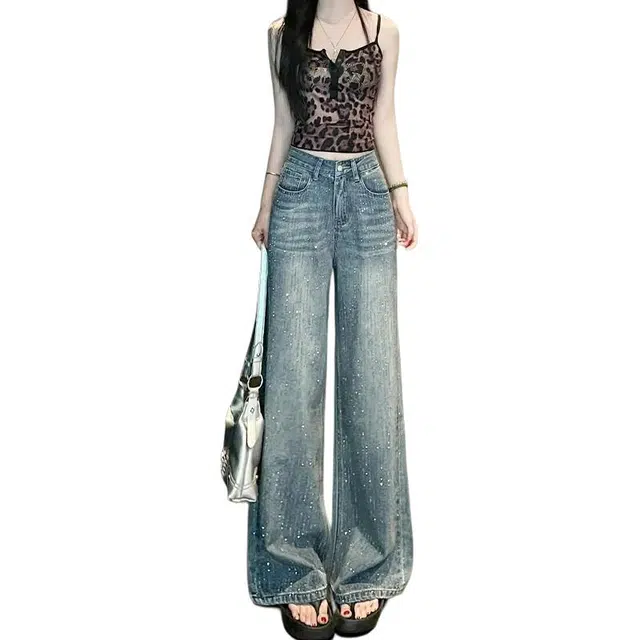 如续 满天星烫钻大码胖高腰显瘦设计感阔腿牛仔裤 女款