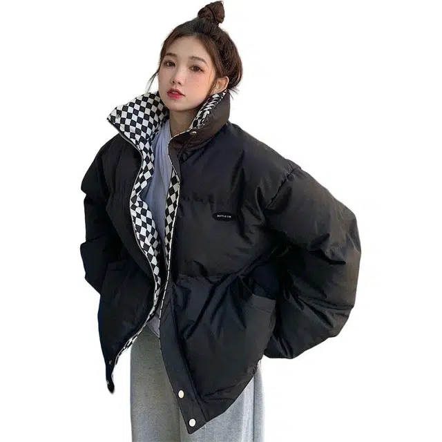 小卷要加油 棋盘格外套简约时尚森系面包服棉服 女款