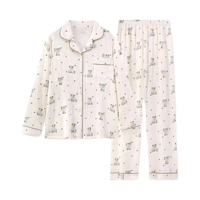 橡柠派 可爱舒适小熊长袖长裤两件套甜美卡通萌趣开衫学院风简约柔软气质少女心宿舍睡衣套装 女款