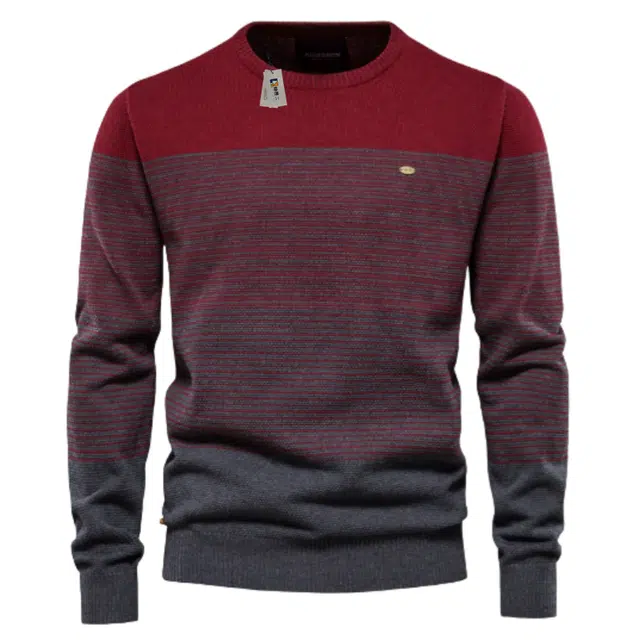 地界二 时尚经典复古上衣长袖潮修身圆领条纹潮流针织衫 男款