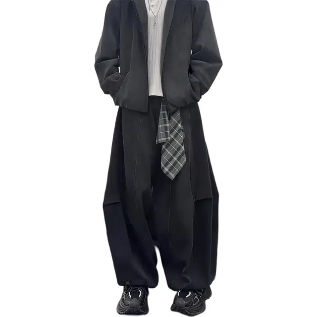 徐百货 美式立体裁剪弯刀廓形工装裤子男春秋季可拆卸方巾设计感重工阔腿裤牛仔裤 男女同款