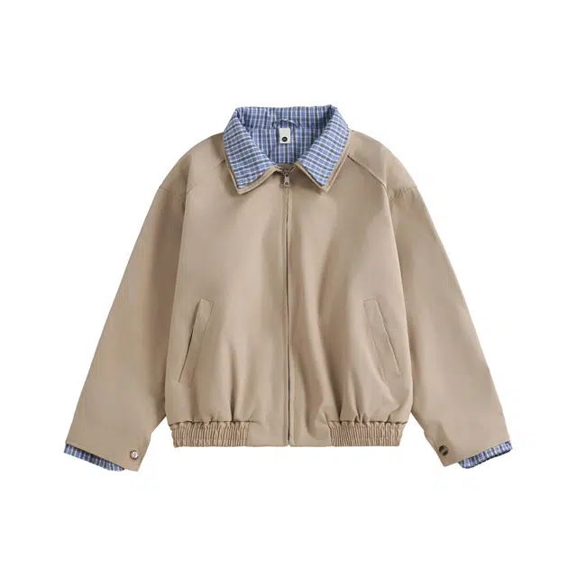 虫小绿 美式复古撞色拼接格子假两件外套秋季潮牌宽松翻领上衣开衫情侣休闲夹克 男女同款