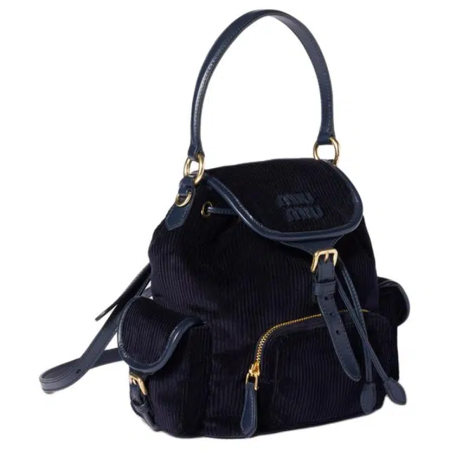 Miu Miu Leather Logo Corduroy Backpack Medium Blue