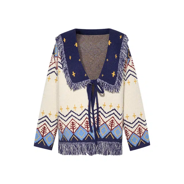 两三事 塞北风絮 文艺时尚潮流宽松舒适质感通勤日常流苏海军领绑带费尔岛针织长袖开衫上衣外套毛衣 女款