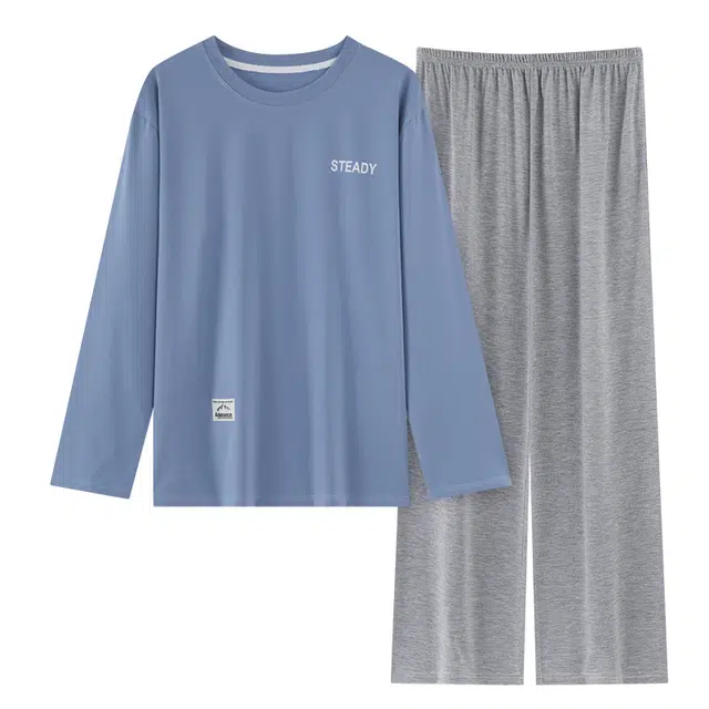 莫代尔 可外穿轻盈透气个性圆领套头舒适轻柔亲肤细腻长袖长裤家居服男士睡衣套装 男款