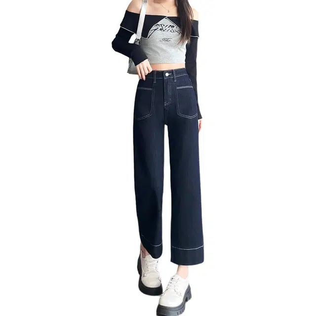 宝米卡 高腰直筒御姐气质八分烟管裤加绒复古撞色设计感弹力九分裤子高街简约牛仔裤 女款