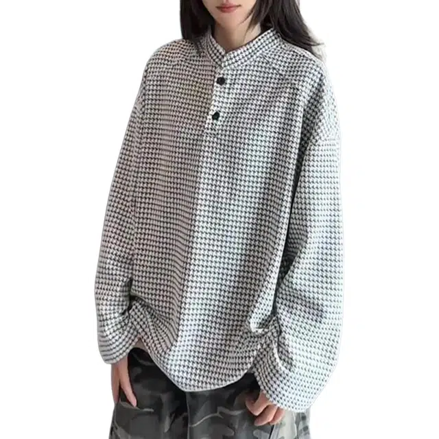 蛊惑 千鸟格亨利领上衣慵懒松弛感老钱风美式复古休闲潮流卫衣 男女同款