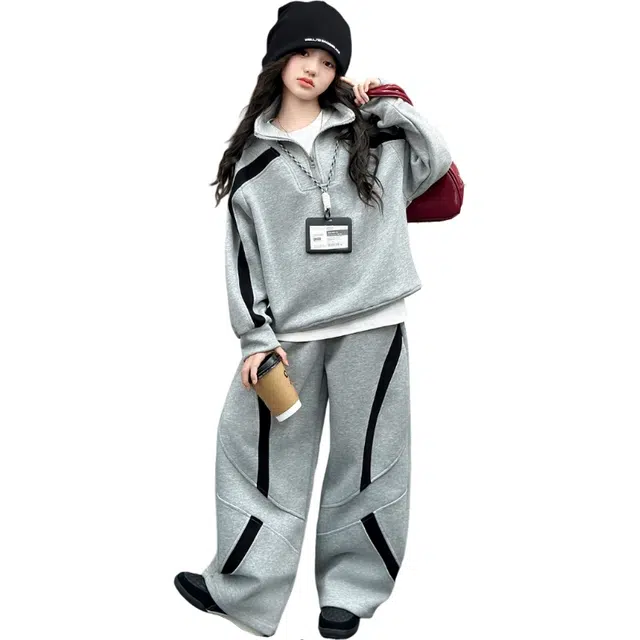 木清清休闲运动套装 活力个性中大童女童春秋款拼色卫衣打底衫长裤舒适百搭三件套 青少年