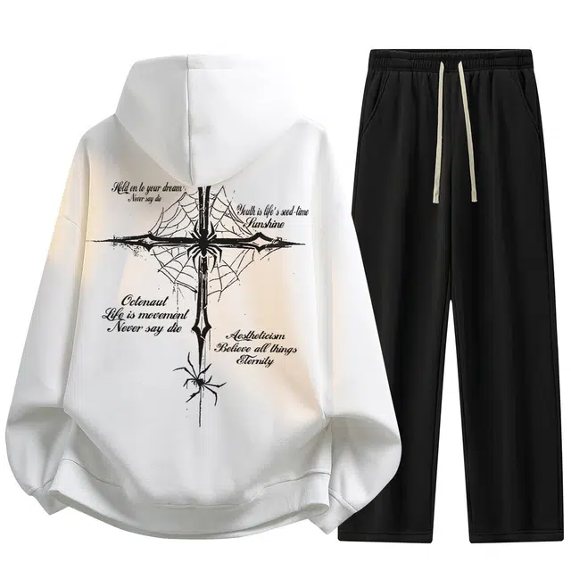 海底小纵队 街头潮流学院风美式高街蛛网十字架图案印花落肩袖套头连帽长袖口袋百搭宽松抽绳系带中腰直筒阔腿休闲运动套装 男女同款