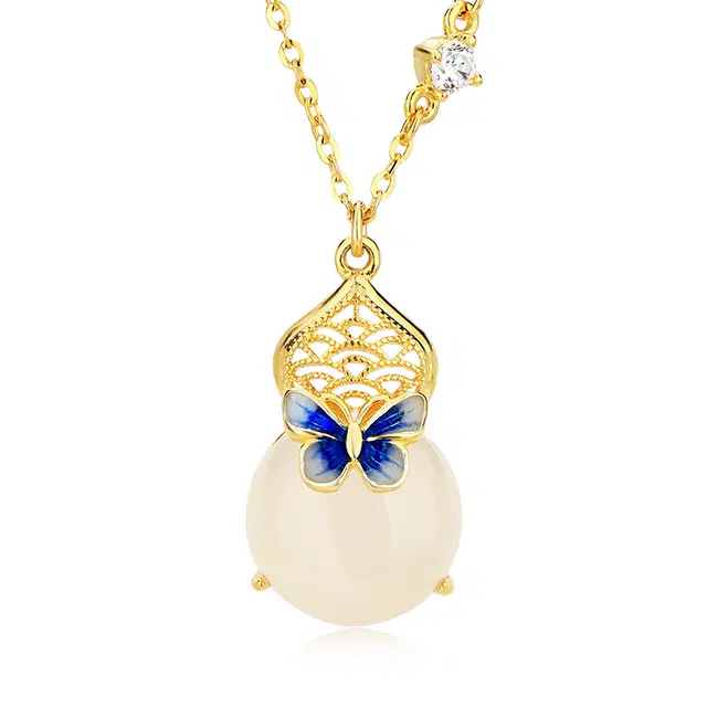 周大生 福禄平安吊坠 福气满满 国风新中式温柔气质轻奢小众简约锁骨链 蓝色蝴蝶珐琅彩通勤挂坠 银镶玉百搭天然 玉髓 项链 女款