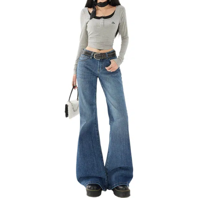 如续 美式低腰复古喇叭微喇不贴显瘦竹节拖地牛仔裤 女款