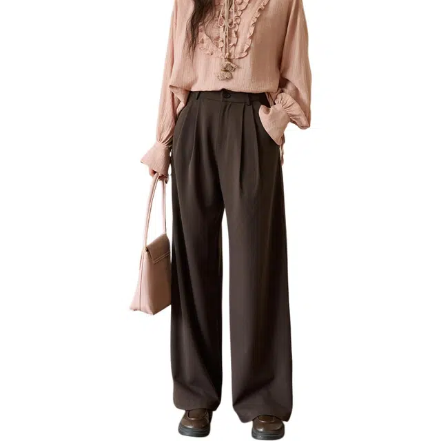 谜秀 宽松休闲小个子通勤直筒型高腰长裤西装裤 女款