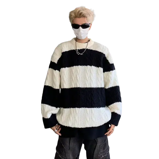 一碗士多 撞色套头条纹织带美式复古高街时尚流行痞帅个性高级设计日常通勤宽松舒适百搭不挑人针织衫 男女同款