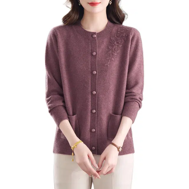 恒源祥 高端品质精细绵羊毛优雅百搭单排扣纯色圆领加厚外套针织衫 女款