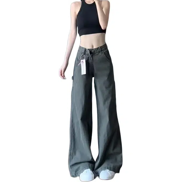 如续 秋季上新美式复古设计水洗做旧时尚显高舒适柔软微喇多口袋珠帆牛仔裤高腰宽松显瘦直筒阔腿拖地长裤女生小个子款工装裤 女款