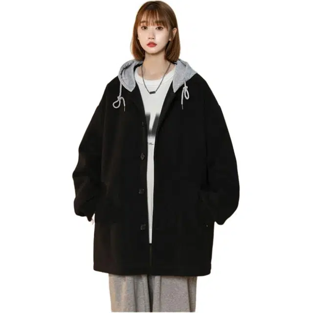 宝米卡 无性别秋冬连帽毛呢大衣假两件中长款呢料外套风衣 男女同款