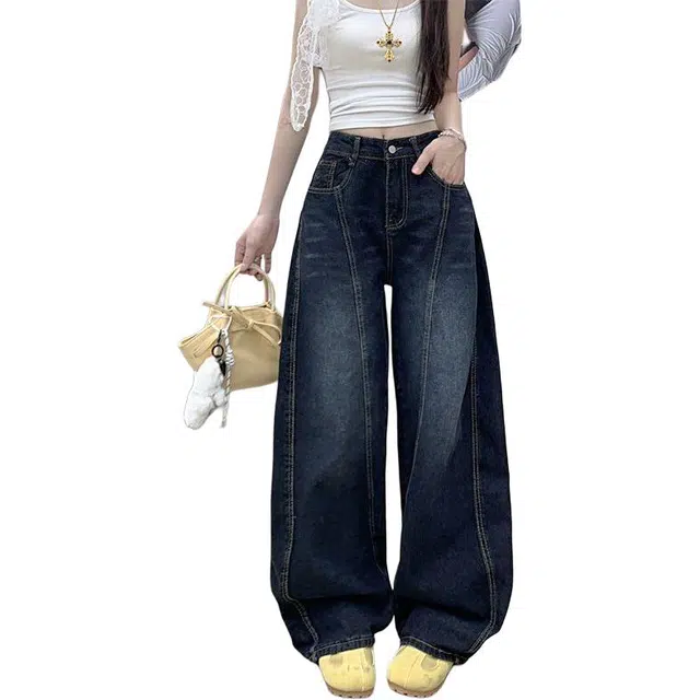 如续 美式复古弯刀刺绣水洗设计阔腿高街拖地宽松牛仔裤 女款