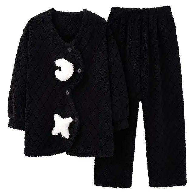 莫代尔 冬季甜美可爱卡通拉链连帽珊瑚绒家居服黑色法兰绒秋冬睡衣套装 女款