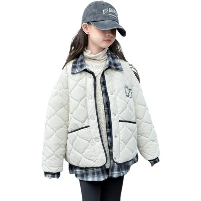 木清清棉衣 大方气质女童中大童秋冬款格纹拼接假两件休闲舒适外套 青少年