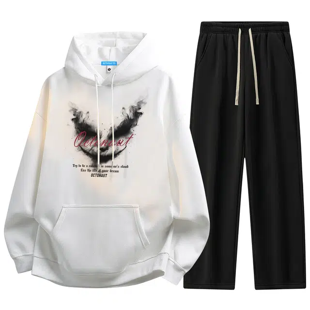 海底小纵队 美式高街创意百搭宽松套头连帽抽绳系带直筒垂感潮流休闲运动套装 男女同款