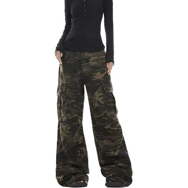 如续 美式复古水洗设计感迷彩宽松直筒多口袋阔腿伞兵裤工装裤 男女同款