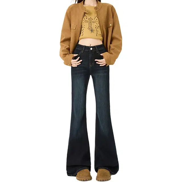 如续 美式风格复古设计辣妹高腰裤女秋季上新显瘦垂感百搭款式修身时尚潮流感马蹄拖地裤女生小个子款牛仔裤 女款