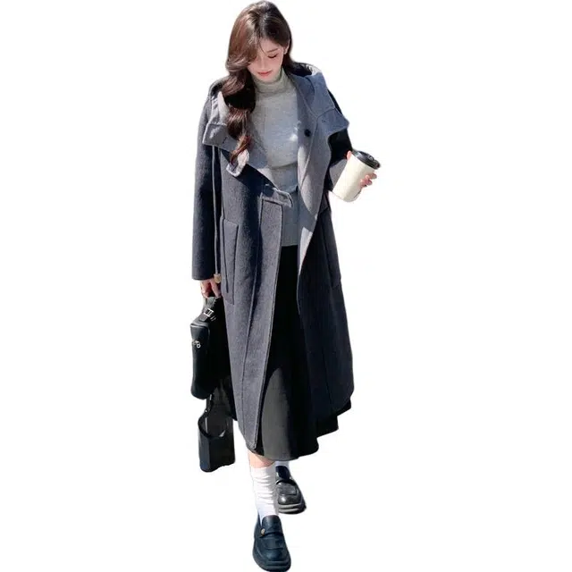 稻草人 双面呢外套高级感休闲风格时尚设计欧版大气连帽羊毛大衣 女款
