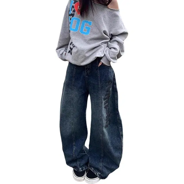 如续 潮流大码美式复古字母印花弯刀长裤宽松阔腿裤休闲舒适百搭牛仔裤 女款