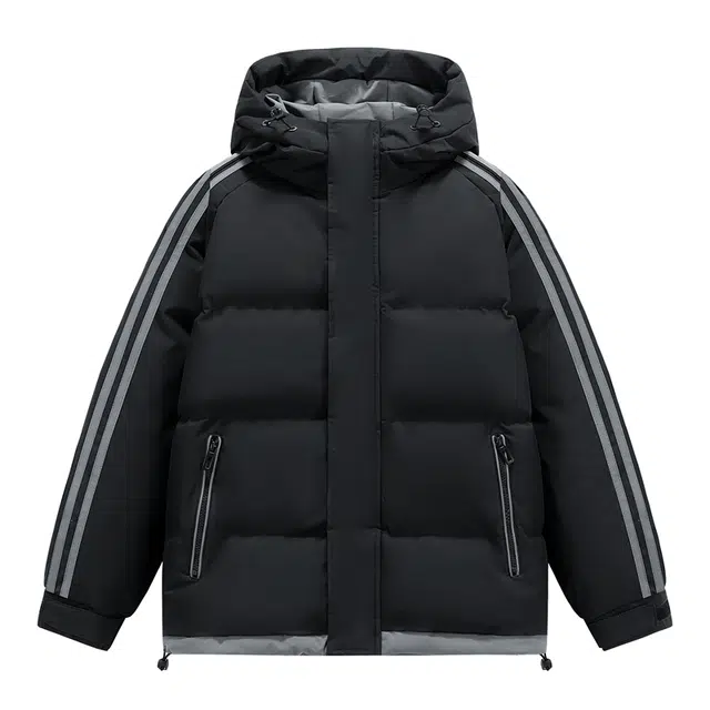 棉基因 冬季连帽撞色侧边条纹优质棉棒球服保暖高个小个子日系男简约潮流夹棉袄子美式高街工装风青少年职场通勤学院风棉衣外套 男女同款