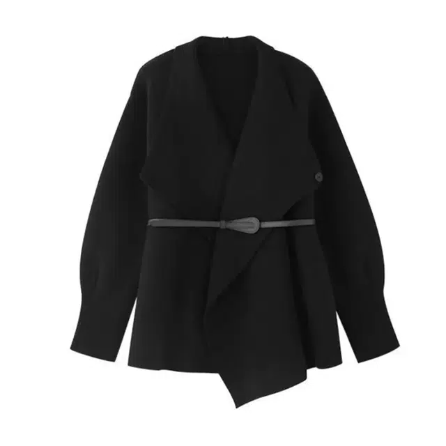 囍鱼少女 韩系高级感收腰中长款黑色外套女秋冬季不规则设计感开衫针织衫 女款