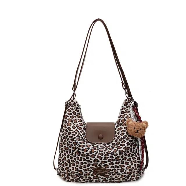 凡思曼 豹纹通勤高级感复古斜挎包多功能背包 皮绒 单肩包 女款 米白色/咖啡色/绿色/棕色