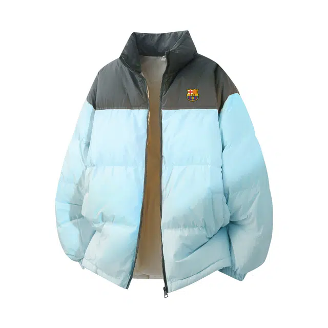 巴塞罗那足球俱乐部 学院风简约纯色基础款品牌印花拼色高街舒适休闲保暖防风宽松立领加厚面包服长袖羽绒服 男女同款