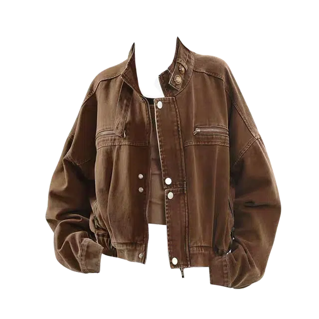 一碗士多 水洗做旧巴恩风工装高街美式复古牛仔立领高级感痞帅飞行员机车服宽松休闲简约时尚百搭日常户外通勤夹克 男女同款