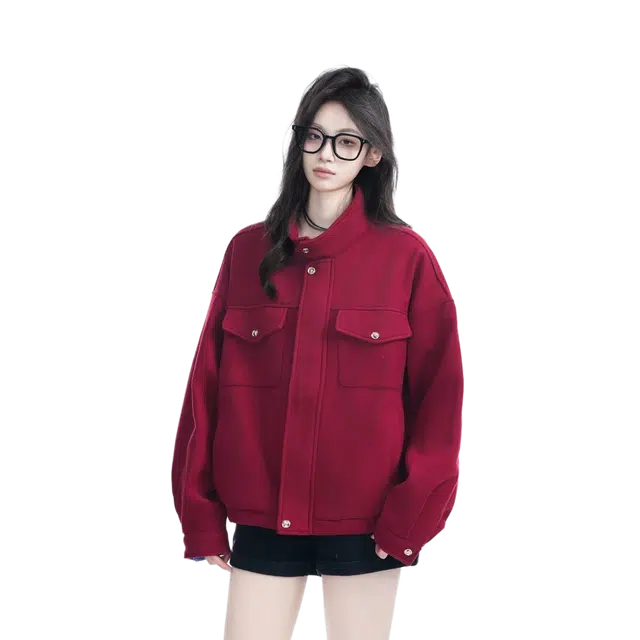 一碗士多  纯色简约复古设计毛呢慵懒百搭巴恩风飞行员翻领防风工装宽松舒适休闲日常城市户外通勤显瘦高级感棒球服 男女同款