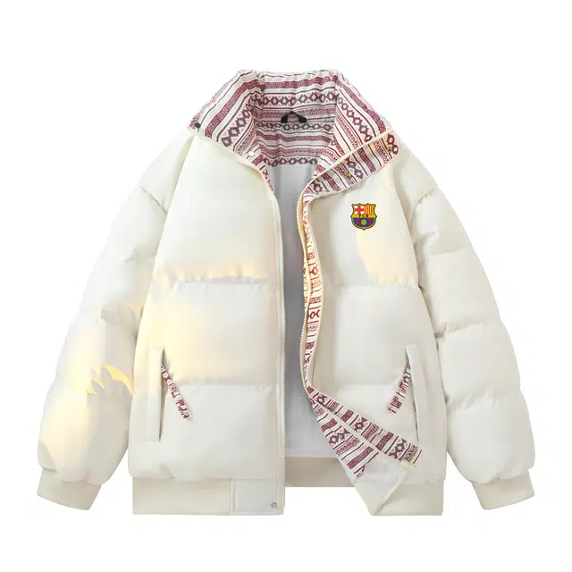 巴塞罗那足球俱乐部 国潮民族风花色插色拼接印花设计宽松休闲拉链开衫面包服棉衣复古学院风立领棉服 男女同款