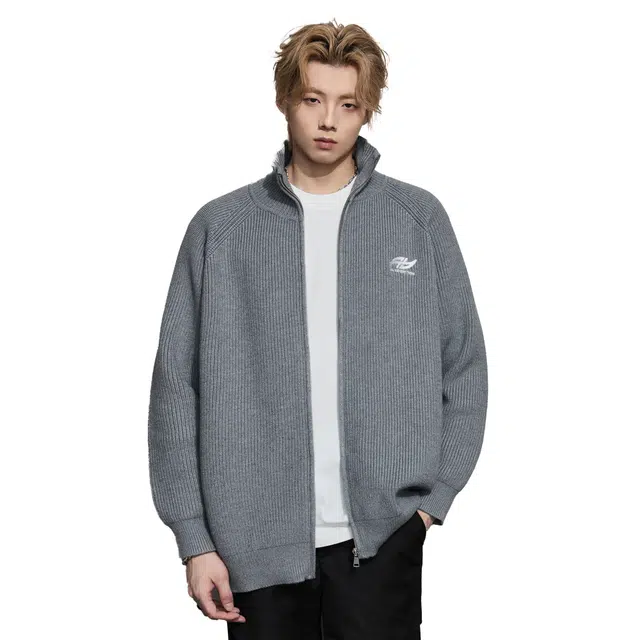隐狼世家 字母刺绣立领针织开衫毛衣男秋冬美式复古潮牌情侣外套卫衣 男款