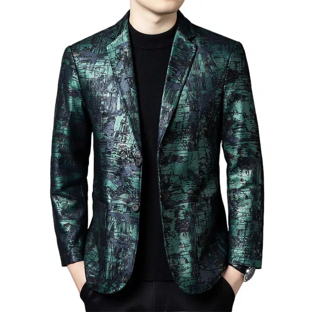 春秋男士头层绵羊皮绿彩条满印百搭通勤真皮休闲外套西装 男款