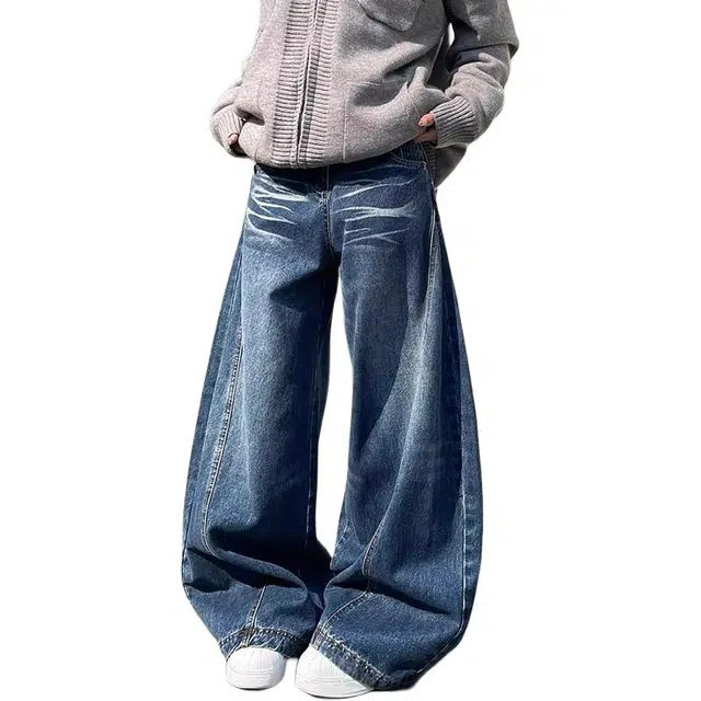 如续 美式水洗阔腿弯刀垂感长裤百搭潮流宽松直筒拖地舒适休闲牛仔裤 女款