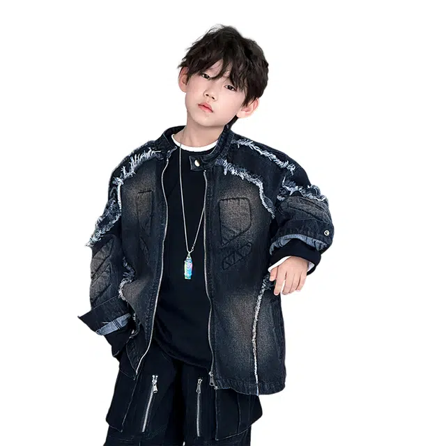 浪莎休闲夹克 春秋 潮流毛边外套 黑色 青少年