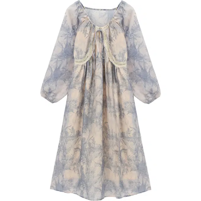 谜秀 碎花蕾丝标准浪漫风长袖连衣裙 女款 蓝色